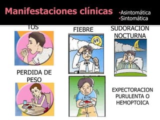 Manifestaciones clínicas
TOS

FIEBRE

•Asintomática
•Sintomática

SUDORACION
NOCTURNA

PERDIDA DE
PESO
EXPECTORACION
PURULENTA O
HEMOPTOICA

 