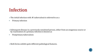 Infection 
The initial infection with M. tuberculosis is referred to as a 
 Primary infection 
Subsequent disease in a previously sensitized person, either from an exogenous source or 
by reactivation of a primary infection is known as 
 Postprimary tuberculosis 
Both forms exhibit quite different pathological features. 
 