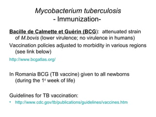 Mycobacterium tuberculosis
- Immunization-
Bacille de Calmette et Guérin (BCG): attenuated strain
of M.bovis (lower virulence; no virulence in humans)
Vaccination policies adjusted to morbidity in various regions
(see link below)
http://www.bcgatlas.org/
In Romania BCG (TB vaccine) given to all newborns
(during the 1st
week of life)
Guidelines for TB vaccination:
• http://www.cdc.gov/tb/publications/guidelines/vaccines.htm
 