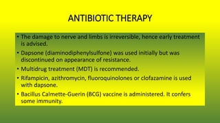 ANTIBIOTIC THERAPY
• The damage to nerve and limbs is irreversible, hence early treatment
is advised.
• Dapsone (diaminodiphenylsulfone) was used initially but was
discontinued on appearance of resistance.
• Multidrug treatment (MDT) is recommended.
• Rifampicin, azithromycin, fluoroquinolones or clofazamine is used
with dapsone.
• Bacillus Calmette-Guerin (BCG) vaccine is administered. It confers
some immunity.
 