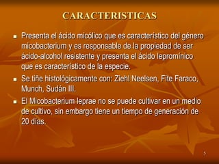 CARACTERISTICAS

   Presenta el ácido micólico que es característico del género
    micobacterium y es responsable de la propiedad de ser
    ácido-alcohol resistente y presenta el ácido lepromínico
    que es característico de la especie.
   Se tiñe histológicamente con: Ziehl Neelsen, Fite Faraco,
    Munch, Sudán III.
   El Micobacterium leprae no se puede cultivar en un medio
    de cultivo, sin embargo tiene un tiempo de generación de
    20 días.


                                                                  5
 