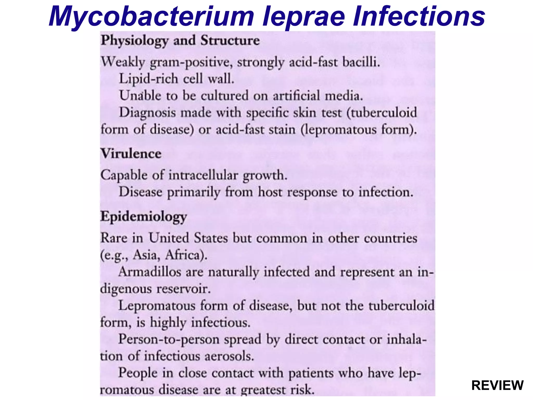 Mycobacterium leprae Infections
REVIEW
 