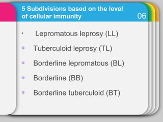 5 Subdivisions based on the level
of cellular immunity                06
•   Lepromatous leprosy (LL)

    Tuberculoid leprosy (TL)

    Borderline lepromatous (BL)

    Borderline (BB)

    Borderline tuberculoid (BT)
 