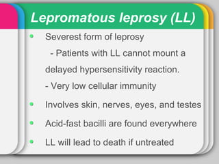 Lepromatous leprosy (LL)
  Severest form of leprosy
   - Patients with LL cannot mount a
  delayed hypersensitivity reaction.
  - Very low cellular immunity

  Involves skin, nerves, eyes, and testes

  Acid-fast bacilli are found everywhere

  LL will lead to death if untreated
 