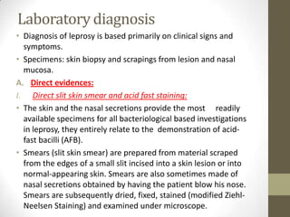 Laboratory diagnosis
• Diagnosis of leprosy is based primarily on clinical signs and
symptoms.
• Specimens: skin biopsy and scrapings from lesion and nasal
mucosa.
A. Direct evidences:
I. Direct slit skin smear and acid fast staining:
• The skin and the nasal secretions provide the most readily
available specimens for all bacteriological based investigations
in leprosy, they entirely relate to the demonstration of acid-
fast bacilli (AFB).
• Smears (slit skin smear) are prepared from material scraped
from the edges of a small slit incised into a skin lesion or into
normal-appearing skin. Smears are also sometimes made of
nasal secretions obtained by having the patient blow his nose.
Smears are subsequently dried, fixed, stained (modified Ziehl-
Neelsen Staining) and examined under microscope.
 