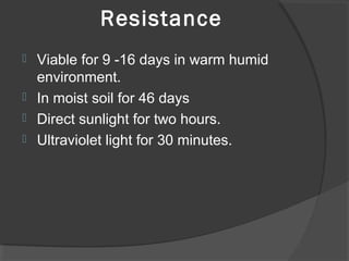 Resistance
 Viable for 9 -16 days in warm humid
environment.
 In moist soil for 46 days
 Direct sunlight for two hours.
 Ultraviolet light for 30 minutes.
 