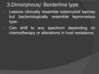 3.Dimorphous/ Borderline type
 Lesions clinically resemble tuberculoid leprosy
but bacteriologically resemble lepromatous
type.
 Can shift to any spectrum depending on
chemotherapy or alterations in host resistance.
 