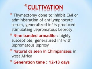 * Thymectomy done to inhibit CMI or
administration of antilymphocyte
serum, generalized inf is produced
stimulating Lepromatous Leprosy
* Nine banded armadilo : highly
susceptible, generalised inf with
lepromatous leprosy
* Natural ds seen in Chimpanzees in
west Africa
* Generation time : 12-13 days
 