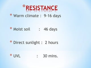 * Warm climate : 9-16 days
* Moist soil : 46 days
* Direct sunlight : 2 hours
* UVL : 30 mins.
 