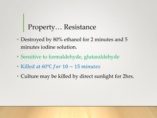 Property… Resistance
• Destroyed by 80% ethanol for 2 minutes and 5
minutes iodine solution.
• Sensitive to formaldehyde, glutaraldehyde
• Killed at 60℃ 𝑓𝑜𝑟 10 − 15 𝑚𝑖𝑛𝑢𝑡𝑒𝑠
• Culture may be killed by direct sunlight for 2hrs.
 