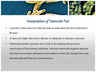 Interpretation of Tuberculin Test
• A positive tuberculin test indicates that an individual has been infected in
the past.
• It does not imply that active disease or immunity to disease is present.
• Tuberculin-positive persons are at risk of developing disease from
reactivation of the primary infection, whereas tuberculin-negative persons
who have never been infected are not subject to that risk, though they may
become infected from an external source.
 