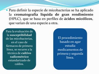  Para definir la especie de micobacterias se ha aplicado
la cromatografía líquida de gran rendimiento
(HPLC), que se basa en perfiles de ácidos micólicos,
que varían de una especie a otra.
Para la evaluación de
la susceptibilidad
de las micobacterias,
en el caso de
fármacos de primera
línea, se recurre a la
técnica de cultivo
radiométrico
estandarizado de
caldos.
El procedimiento
basado en agar
estudia
medicamentos de
primera y segunda
línea.
 