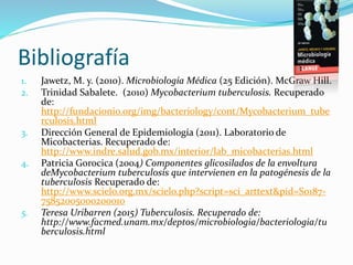 Bibliografía
1. Jawetz, M. y. (2010). Microbiología Médica (25 Edición). McGraw Hill.
2. Trinidad Sabalete. (2010) Mycobacterium tuberculosis. Recuperado
de:
http://fundacionio.org/img/bacteriology/cont/Mycobacterium_tube
rculosis.html
3. Dirección General de Epidemiología (2011). Laboratorio de
Micobacterias. Recuperado de:
http://www.indre.salud.gob.mx/interior/lab_micobacterias.html
4. Patricia Gorocica (2004) Componentes glicosilados de la envoltura
deMycobacterium tuberculosis que intervienen en la patogénesis de la
tuberculosis Recuperado de:
http://www.scielo.org.mx/scielo.php?script=sci_arttext&pid=S0187-
75852005000200010
5. Teresa Uribarren (2015) Tuberculosis. Recuperado de:
http://www.facmed.unam.mx/deptos/microbiologia/bacteriologia/tu
berculosis.html
 