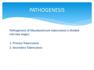 Pathogenesis of Mycobacterium tuberculosis is divided
into two stages;
1. Primary Tuberculosis
2. Secondary Tuberculosis
PATHOGENESIS
 
