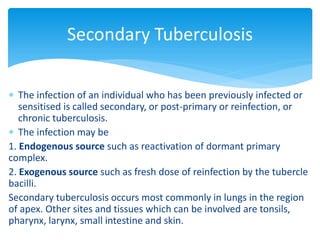  The infection of an individual who has been previously infected or
sensitised is called secondary, or post-primary or reinfection, or
chronic tuberculosis.
 The infection may be
1. Endogenous source such as reactivation of dormant primary
complex.
2. Exogenous source such as fresh dose of reinfection by the tubercle
bacilli.
Secondary tuberculosis occurs most commonly in lungs in the region
of apex. Other sites and tissues which can be involved are tonsils,
pharynx, larynx, small intestine and skin.
Secondary Tuberculosis
 