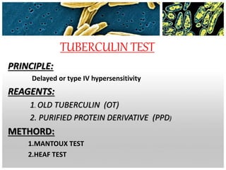TUBERCULIN TEST
PRINCIPLE:
Delayed or type IV hypersensitivity
REAGENTS:
1. OLD TUBERCULIN (OT)
2. PURIFIED PROTEIN DERIVATIVE (PPD)
METHORD:
1.MANTOUX TEST
2.HEAF TEST
 