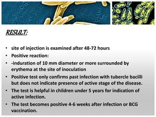 RESULT:
• site of injection is examined after 48-72 hours
• Positive reaction:
• -induration of 10 mm diameter or more surrounded by
erythema at the site of inoculation
• Positive test only confirms past infection with tubercle bacilli
but does not indicate presence of active stage of the disease.
• The test is helpful in children under 5 years for indication of
active infection.
• The test becomes positive 4-6 weeks after infection or BCG
vaccination.
 