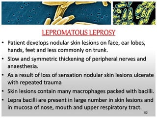 LEPROMATOUS LEPROSY
• Patient develops nodular skin lesions on face, ear lobes,
hands, feet and less commonly on trunk.
• Slow and symmetric thickening of peripheral nerves and
anaesthesia.
• As a result of loss of sensation nodular skin lesions ulcerate
with repeated trauma
• Skin lesions contain many macrophages packed with bacilli.
• Lepra bacilli are present in large number in skin lesions and
in mucosa of nose, mouth and upper respiratory tract.
52
 