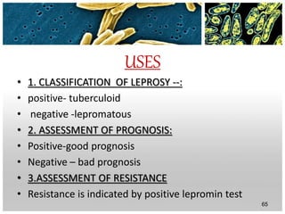 USES
• 1. CLASSIFICATION OF LEPROSY --:
• positive- tuberculoid
• negative -lepromatous
• 2. ASSESSMENT OF PROGNOSIS:
• Positive-good prognosis
• Negative – bad prognosis
• 3.ASSESSMENT OF RESISTANCE
• Resistance is indicated by positive lepromin test
65
 