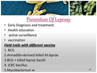 Prevention Of Leprosy
• Early Diagnosis and treatment.
• Health education
• active surveillance
• vaccination
Field trails with different vaccine
1. BCG
2.Armadillo-derived killed M.laprae
3.BCG + killed leprae bacilli
4. ICRC bacillus
5.Mycobacterium w 74
 