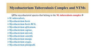 Mycobacterium Tuberculosis Complex and NTMs
The mycobacterial species that belong to the M. tuberculosis complex
M. tuberculosis,
Mycobacterium bovis
Mycobacterium bovis BCG,
Mycobacterium africanum,
Mycobacterium caprae,
Mycobacterium microti,
Mycobacterium canettii,
Mycobacterium mungi,
Mycobacterium orygis,
Mycobacterium pinnipedii.
 