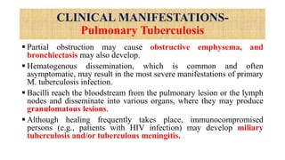 CLINICAL MANIFESTATIONS-
Pulmonary Tuberculosis
 Partial obstruction may cause obstructive emphysema, and
bronchiectasis may also develop.
 Hematogenous dissemination, which is common and often
asymptomatic, may result in the most severe manifestations of primary
M. tuberculosis infection.
 Bacilli reach the bloodstream from the pulmonary lesion or the lymph
nodes and disseminate into various organs, where they may produce
granulomatous lesions.
 Although healing frequently takes place, immunocompromised
persons (e.g., patients with HIV infection) may develop miliary
tuberculosis and/or tuberculous meningitis.
 