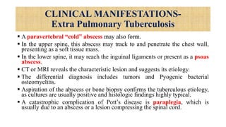 CLINICAL MANIFESTATIONS-
Extra Pulmonary Tuberculosis
 A paravertebral “cold” abscess may also form.
 In the upper spine, this abscess may track to and penetrate the chest wall,
presenting as a soft tissue mass.
 In the lower spine, it may reach the inguinal ligaments or present as a psoas
abscess.
 CT or MRI reveals the characteristic lesion and suggests its etiology.
 The differential diagnosis includes tumors and Pyogenic bacterial
osteomyelitis.
 Aspiration of the abscess or bone biopsy confirms the tuberculous etiology,
as cultures are usually positive and histologic findings highly typical.
 A catastrophic complication of Pott’s disease is paraplegia, which is
usually due to an abscess or a lesion compressing the spinal cord.
 