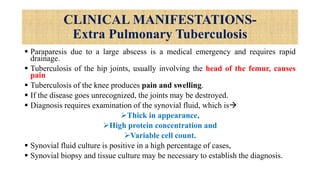 CLINICAL MANIFESTATIONS-
Extra Pulmonary Tuberculosis
 Paraparesis due to a large abscess is a medical emergency and requires rapid
drainage.
 Tuberculosis of the hip joints, usually involving the head of the femur, causes
pain
 Tuberculosis of the knee produces pain and swelling.
 If the disease goes unrecognized, the joints may be destroyed.
 Diagnosis requires examination of the synovial fluid, which is
Thick in appearance,
High protein concentration and
Variable cell count.
 Synovial fluid culture is positive in a high percentage of cases,
 Synovial biopsy and tissue culture may be necessary to establish the diagnosis.
 