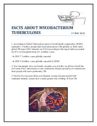 FACTS ABOUT MYCOBACTERIUM
TUBERCULOSIS 17 MAY 2022
1. According to Global Tuberculosis report of world health organization (WHO)
estimated 1.5 million people died from tuberculosis (TB) globally in 2020, latest
global TB report 2021 released on 14 Octaccording to this report India accounted
for 41% of total global drop of 1.3 million cases.
- In 2019 7.1 million cases globally reported
- In 2020 5.8 million cases globally reported by WHO
2. You can imagine how one breath can make you sick like we all have faced fear
of Corona Virus ,tuberculosis is also a infectious disease spread by air transmission
from people with active pulmonary TB.
3. Need to be conscious about your Immune system, because people with
weakened immune system have a much greater risk of falling ill from TB.
 
