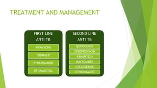 TREATMENT AND MANAGEMENT
FIRST LINE
ANTI TB
RIFAMYCINS
ISONIAZID
PYRAZINAMIDE
ETHAMBUTOL
SECOND LINE
ANTI TB
QUINOLONES
STREPTOMYCIN
KANAMYCIN
MACROLIDES
CYCLOSERINE
ETHIONAMIDE
 