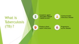 What is
T
uberculosis
(TB) ?
Causative agent
“MYCOBACTERIUM
TUBERCULOSIS”
Communicable
infectious disease
Produce silent ,
latent infections
Progressive ,
active disease
 