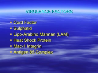 VIRULENCE FACTORS Cord Factor Sulphatid Lipo-Arabino Mannan (LAM) Heat Shock Protein  Mac-1 Integrin Antigen 85 Complex 