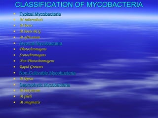 CLASSIFICATION OF MYCOBACTERIA Typical Mycobacteria M tuberculosis M bovis M bovis BCG M africanum Atypical Mycobacteria Photochromogens Scotochromogens Non Photochromogens Rapid Growers Non-Cultivable Mycobacteria M leprae Saprophytic Mycobacteria M butyricum M pheli M smegmatis 
