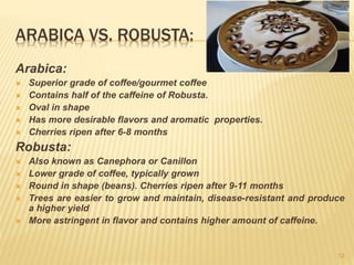 ARABICA VS. ROBUSTA:
Arabica:
 Superior grade of coffee/gourmet coffee
 Contains half of the caffeine of Robusta.
 Oval in shape
 Has more desirable flavors and aromatic properties.
 Cherries ripen after 6-8 months
Robusta:
 Also known as Canephora or Canillon
 Lower grade of coffee, typically grown
 Round in shape (beans). Cherries ripen after 9-11 months
 Trees are easier to grow and maintain, disease-resistant and produce
a higher yield
 More astringent in flavor and contains higher amount of caffeine.
12
 
