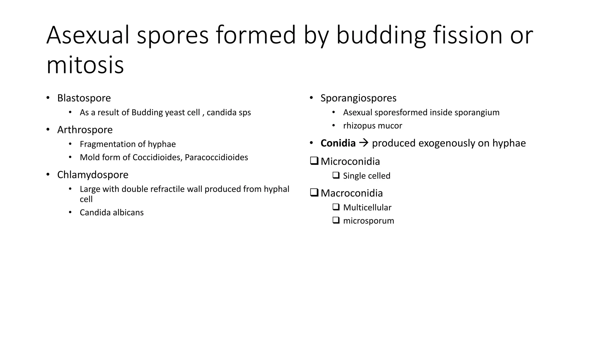Asexual spores formed by budding fission or
mitosis
• Blastospore
• As a result of Budding yeast cell , candida sps
• Arthrospore
• Fragmentation of hyphae
• Mold form of Coccidioides, Paracoccidioides
• Chlamydospore
• Large with double refractile wall produced from hyphal
cell
• Candida albicans
• Sporangiospores
• Asexual sporesformed inside sporangium
• rhizopus mucor
• Conidia  produced exogenously on hyphae
Microconidia
 Single celled
Macroconidia
 Multicellular
 microsporum
 