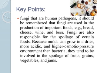 Key Points:
 fungi that are human pathogens, it should
be remembered that fungi are used in the
production of important foods, e.g., bread,
cheese, wine, and beer. Fungi are also
responsible for the spoilage of certain
foods. Because molds can grow in a drier,
more acidic, and higher-osmotic-pressure
environment than bacteria, they tend to be
involved in the spoilage of fruits, grains,
vegetables, and jams.
 