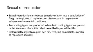 Sexual reproduction
• Sexual reproduction introduces genetic variation into a population of
fungi. In fungi, sexual reproduction often occurs in response to
adverse environmental conditions.
• Two mating types are produced. When both mating types are present
in the same mycelium, it is called homothallic, or self-fertile.
• Heterothallic mycelia require two different, but compatible, mycelia
to reproduce sexually.
 