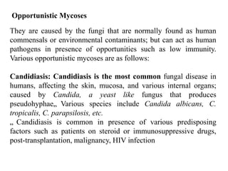 Opportunistic Mycoses
They are caused by the fungi that are normally found as human
commensals or environmental contaminants; but can act as human
pathogens in presence of opportunities such as low immunity.
Various opportunistic mycoses are as follows:
Candidiasis: Candidiasis is the most common fungal disease in
humans, affecting the skin, mucosa, and various internal organs;
caused by Candida, a yeast like fungus that produces
pseudohyphae„
. Various species include Candida albicans, C.
tropicalis, C. parapsilosis, etc.
„
. Candidiasis is common in presence of various predisposing
factors such as patients on steroid or immunosuppressive drugs,
post-transplantation, malignancy, HIV infection
 
