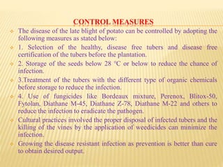 CONTROL MEASURES
 The disease of the late blight of potato can be controlled by adopting the
following measures as stated below:
 1. Selection of the healthy, disease free tubers and disease free
certification of the tubers before the plantation.
 2. Storage of the seeds below 28 ℃ or below to reduce the chance of
infection.
 3.Treatment of the tubers with the different type of organic chemicals
before storage to reduce the infection.
 4. Use of fungicides like Bordeaux mixture, Perenox, Blitox-50,
Fytolan, Diathane M-45, Diathane Z-78, Diathane M-22 and others to
reduce the infection to eradicate the pathogen.
 Cultural practices involved the proper disposal of infected tubers and the
killing of the vines by the application of weedicides can minimize the
infection.
 Growing the disease resistant infection as prevention is better than cure
to obtain desired output.
 