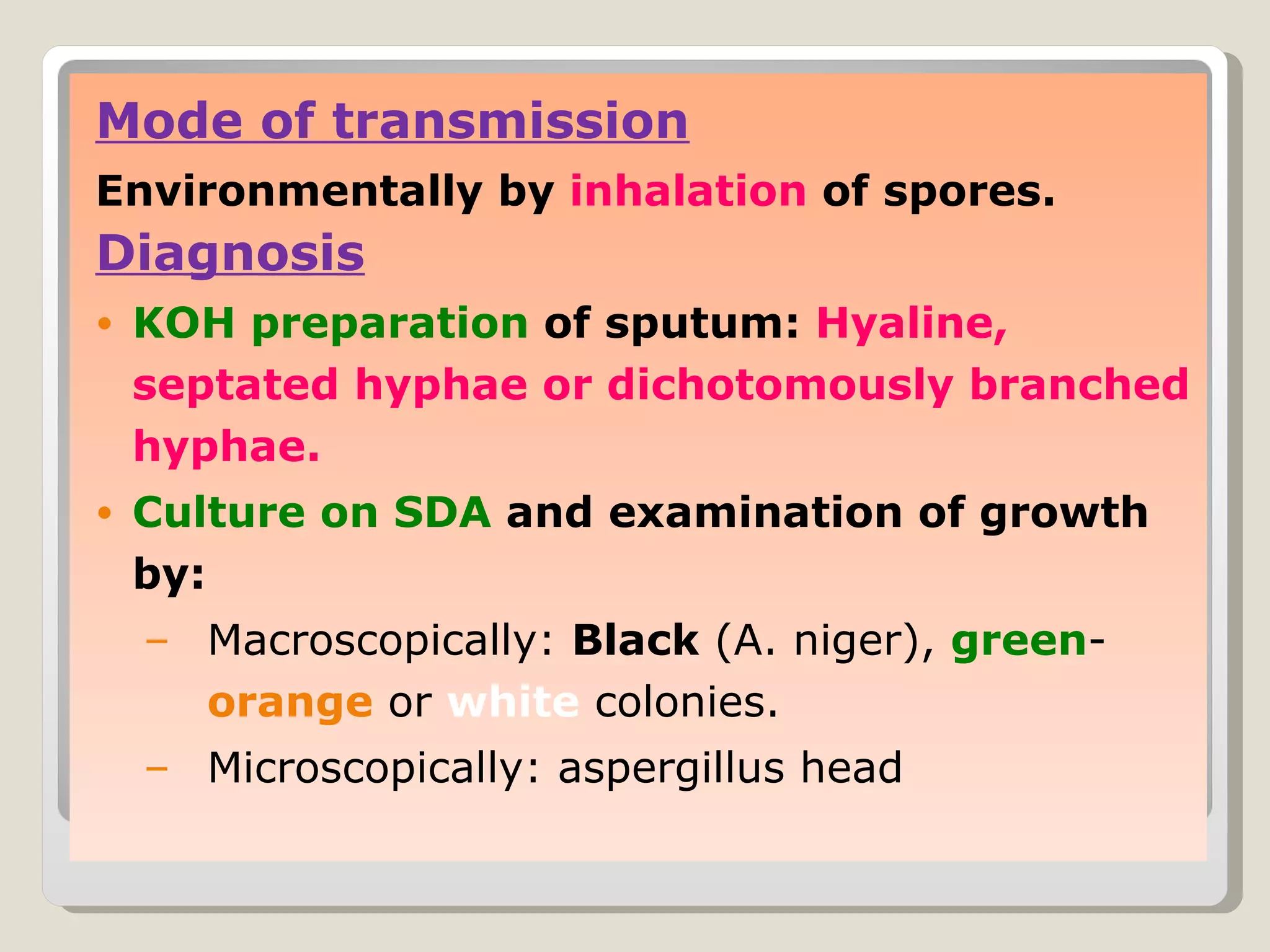 Mode of transmission
Environmentally by inhalation of spores.
Diagnosis
•   KOH preparation of sputum: Hyaline,
    septated hyphae or dichotomously branched
    hyphae.
•   Culture on SDA and examination of growth
    by:
    – Macroscopically: Black (A. niger), green-
      orange or white colonies.
    – Microscopically: aspergillus head
 