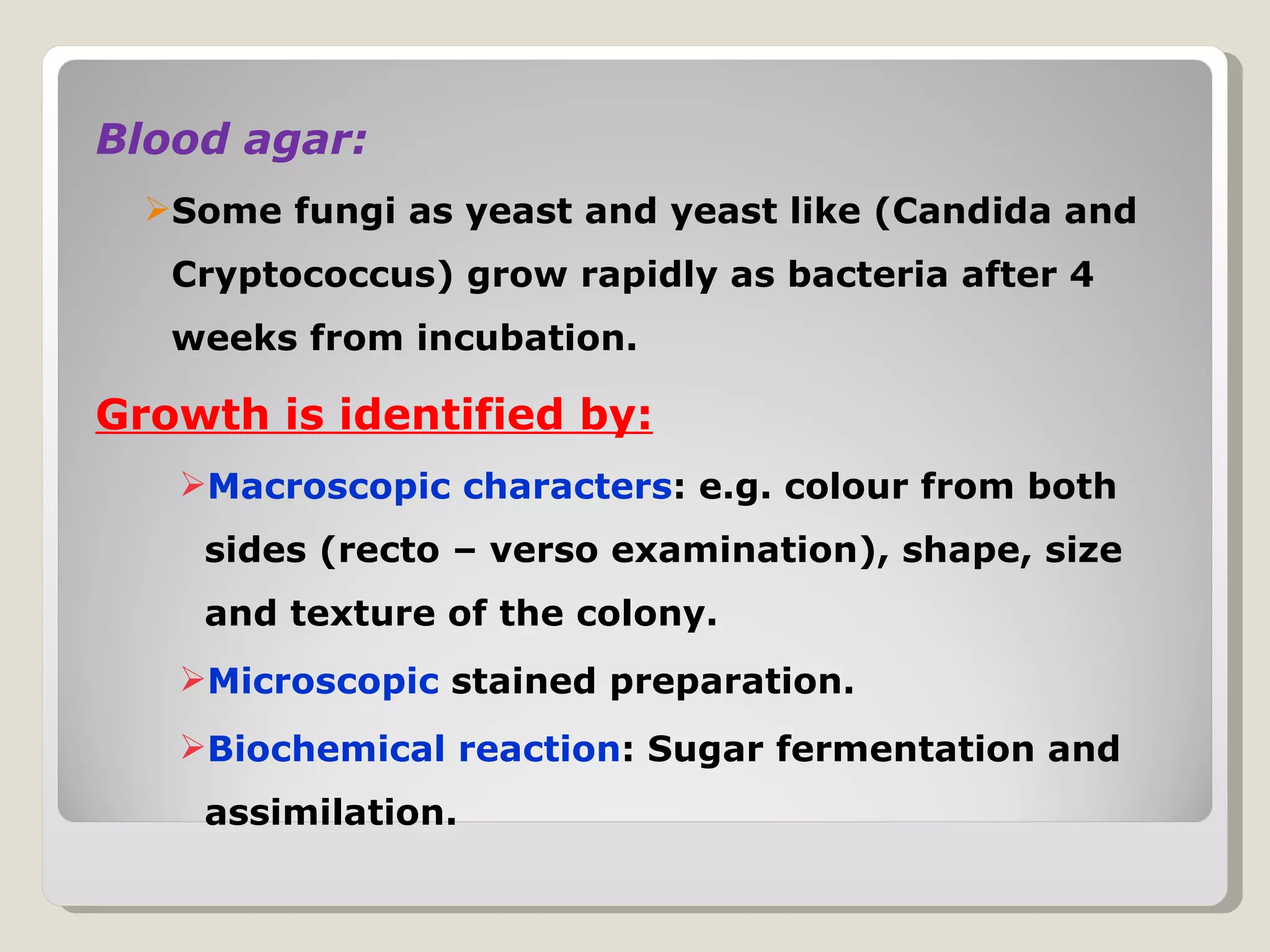 Blood agar:
  Some fungi as yeast and yeast like (Candida and
   Cryptococcus) grow rapidly as bacteria after 4
   weeks from incubation.

Growth is identified by:
   Macroscopic characters: e.g. colour from both
    sides (recto – verso examination), shape, size
    and texture of the colony.
   Microscopic stained preparation.
   Biochemical reaction: Sugar fermentation and
    assimilation.
 