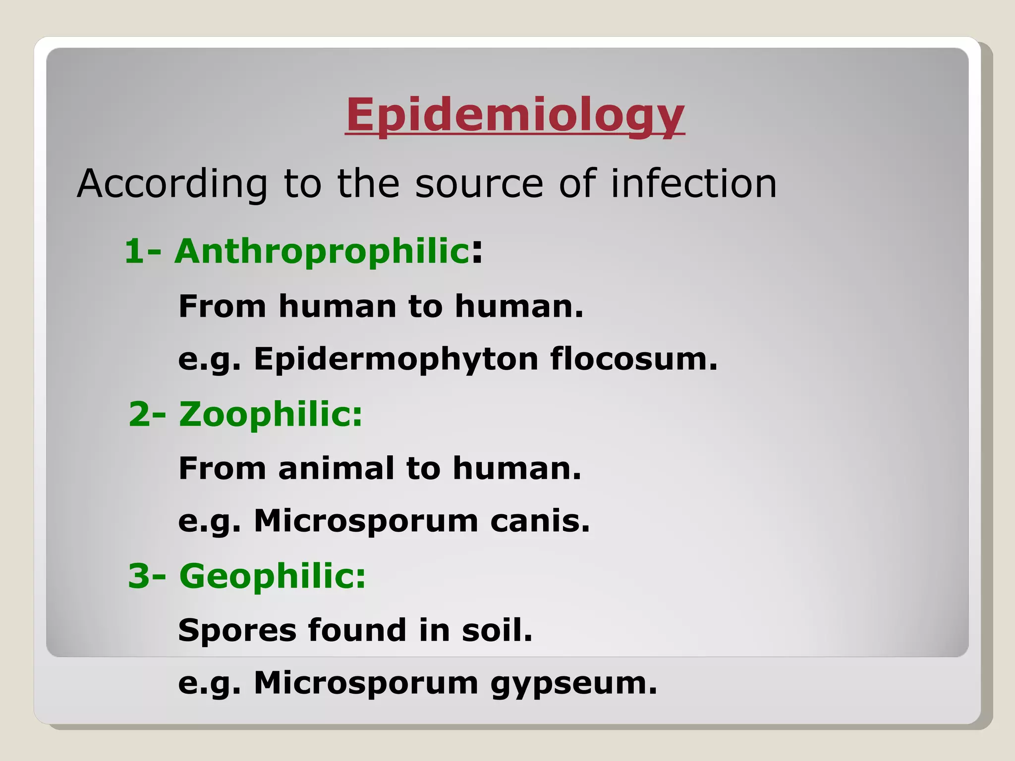Epidemiology
According to the source of infection
  1- Anthroprophilic:
     From human to human.
     e.g. Epidermophyton flocosum.
  2- Zoophilic:
     From animal to human.
     e.g. Microsporum canis.
  3- Geophilic:
     Spores found in soil.
     e.g. Microsporum gypseum.
 