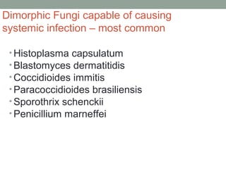 Dimorphic Fungi capable of causing
systemic infection – most common
• Histoplasma capsulatum
• Blastomyces dermatitidis
• ...