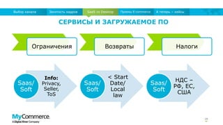 СЕРВИСЫ И ЗАГРУЖАЕМОЕ ПО
18
SaaS vs DesktopЗанятость кадровВыбор канала Приемы E-commerce А теперь – кейсы
Ограничения Возвраты Налоги
Info:
Privacy,
Seller,
ToS
Saas/
Soft
< Start
Date/
Local
law
Saas/
Soft
НДС –
РФ, ЕС,
США
Saas/
Soft
 