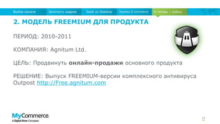 23
А теперь – кейсыЗанятость кадров SaaS vs Desktop Приемы E-commerceВыбор канала
2. МОДЕЛЬ FREEMIUM ДЛЯ ПРОДУКТА
ПЕРИОД: 2010-2011
КОМПАНИЯ: Agnitum Ltd.
ЦЕЛЬ: Продвинуть онлайн-продажи основного продукта
РЕШЕНИЕ: Выпуск FREEMIUM-версии комплексного антивируса
Outpost http://Free.agnitum.com
 