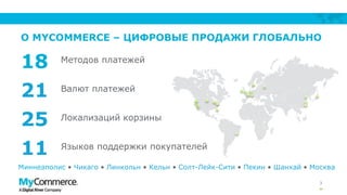 3
О MYCOMMERCE – ЦИФРОВЫЕ ПРОДАЖИ ГЛОБАЛЬНО
18
21
25
11
Методов платежей
Валют платежей
Локализаций корзины
Языков поддержки покупателей
Миннеаполис • Чикаго • Линкольн • Кельн • Солт-Лейк-Сити • Пекин • Шанхай • Москва
 