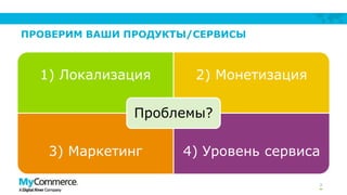 ПРОВЕРИМ ВАШИ ПРОДУКТЫ/СЕРВИСЫ
1) Локализация 2) Монетизация
3) Маркетинг 4) Уровень сервиса
Проблемы?
7
 