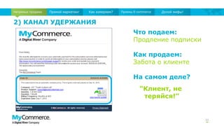 2) КАНАЛ УДЕРЖАНИЯ
11
Непрямые продажи Прямой маркетинг Как измеряем? Приемы E-commerce Долой мифы!
Что подаем:
Продление подписки
Как продаем:
Забота о клиенте
На самом деле?
“Клиент, не
теряйся!”
 