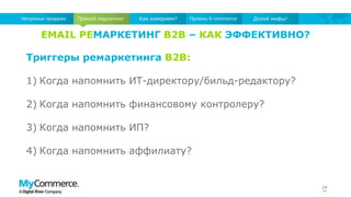 EMAIL РЕМАРКЕТИНГ B2B – КАК ЭФФЕКТИВНО?
24
Прямой маркетингНепрямые продажи Как измеряем? Приемы E-commerce Долой мифы!
Триггеры ремаркетинга B2B:
1) Когда напомнить ИТ-директору/бильд-редактору?
2) Когда напомнить финансовому контролеру?
3) Когда напомнить ИП?
4) Когда напомнить аффилиату?
 