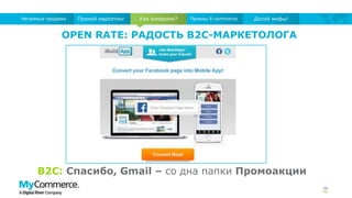 OPEN RATE: РАДОСТЬ B2C-МАРКЕТОЛОГА
26
Как измеряем?Прямой маркетингНепрямые продажи Приемы E-commerce Долой мифы!
B2C: Спасибо, Gmail – со дна папки Промоакции
 